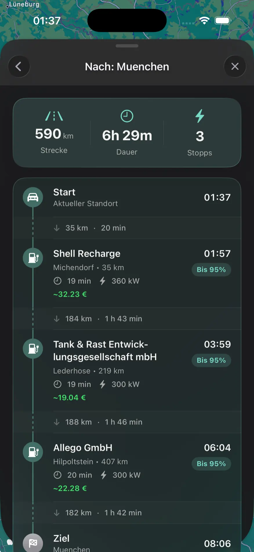 Routenergebnis nach München: 590 km, 6 h 29 min, drei Ladestopps mit Zeiten und Kosten